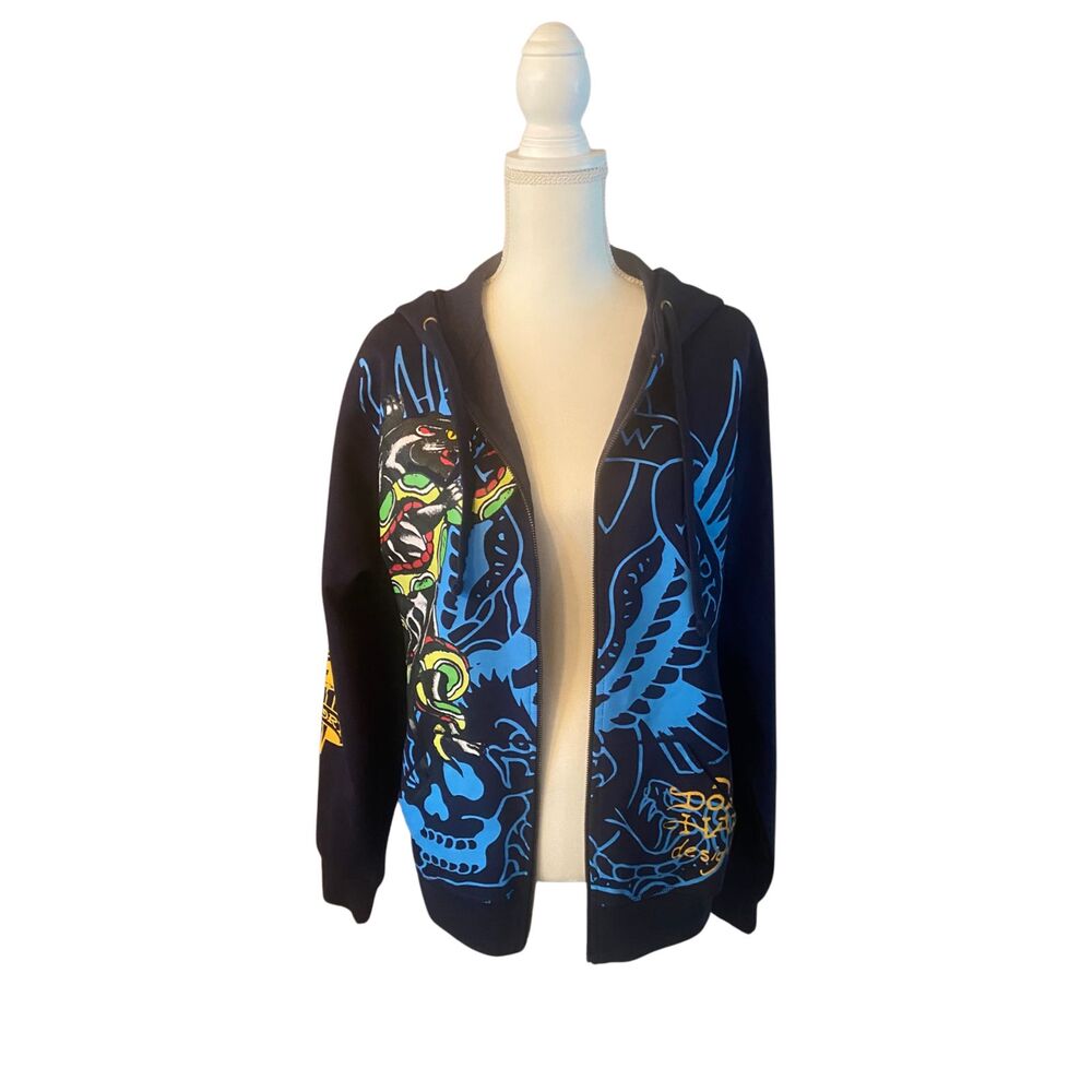 Y2K Ed Hardy Tattoo Graphic Full Zip Hoodie Navy Men's Small Deadstock